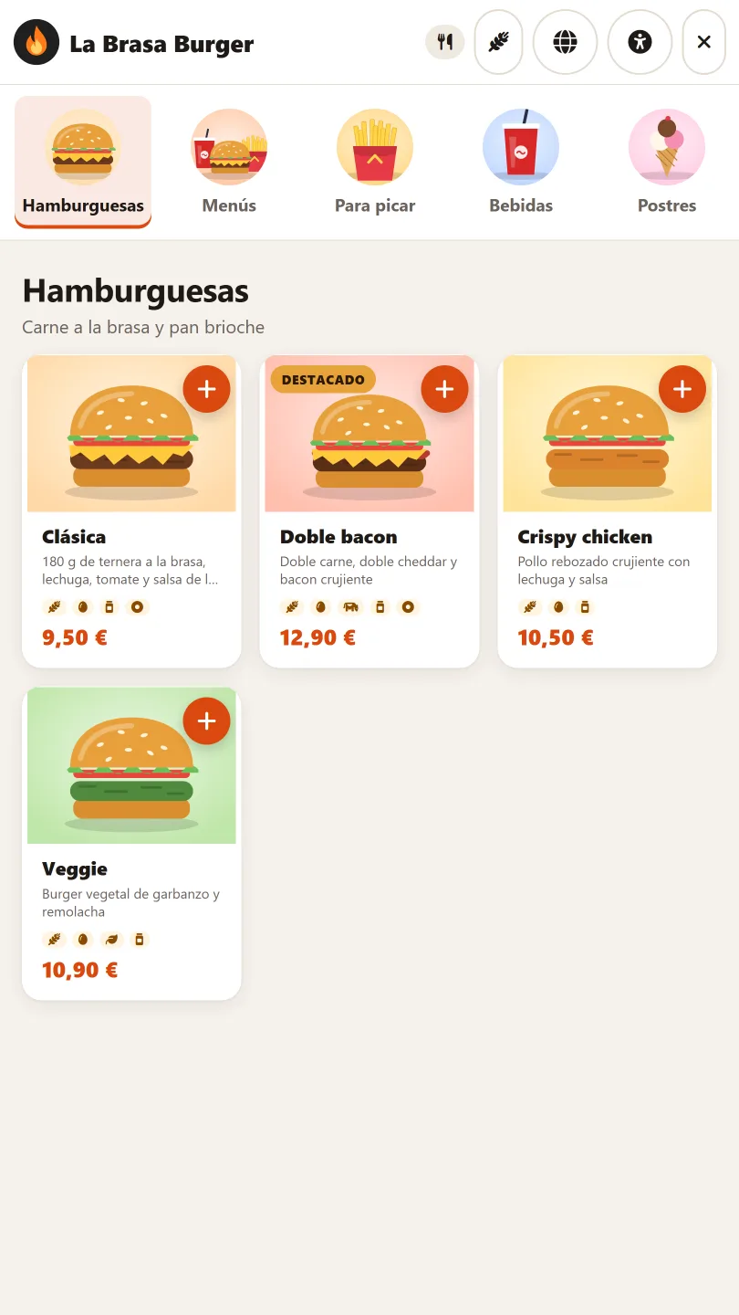 Kiosko de autopedido con la carta de hamburguesas, fotos y precios