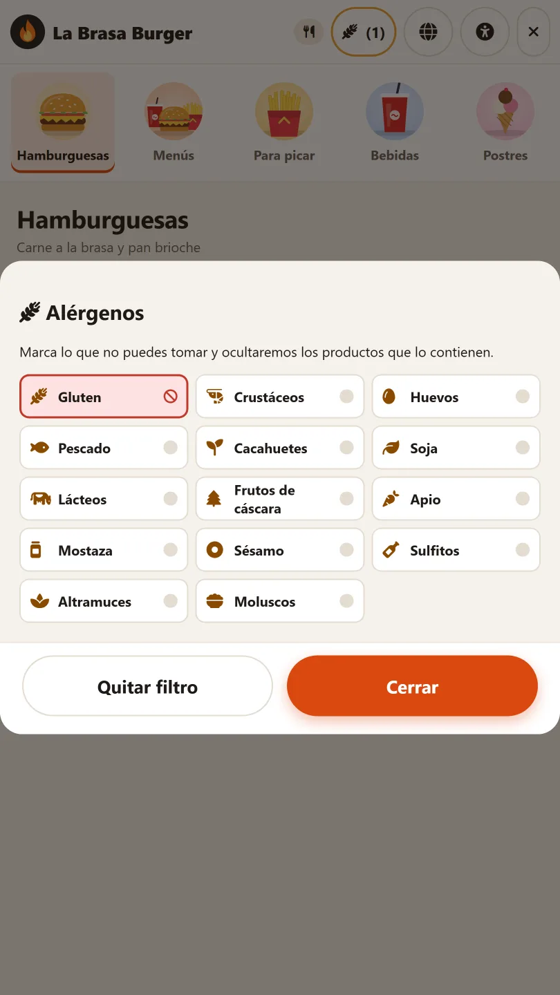 Filtro de alérgenos del kiosko de autopedido