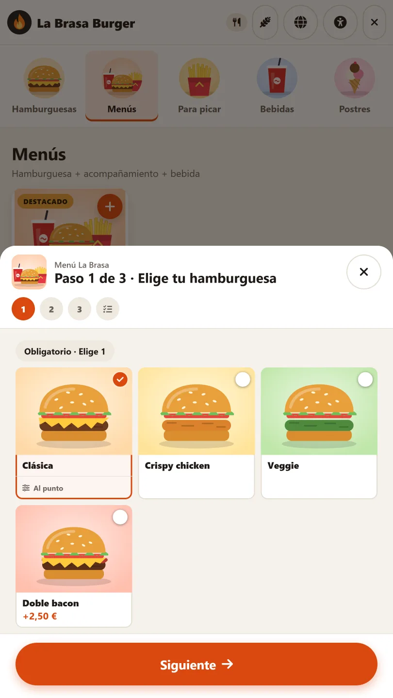 Menú paso a paso en el kiosko: elige tu hamburguesa