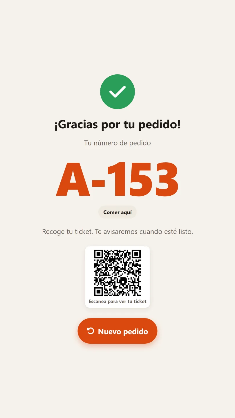 Pantalla final del kiosko con el número de pedido y el QR del ticket