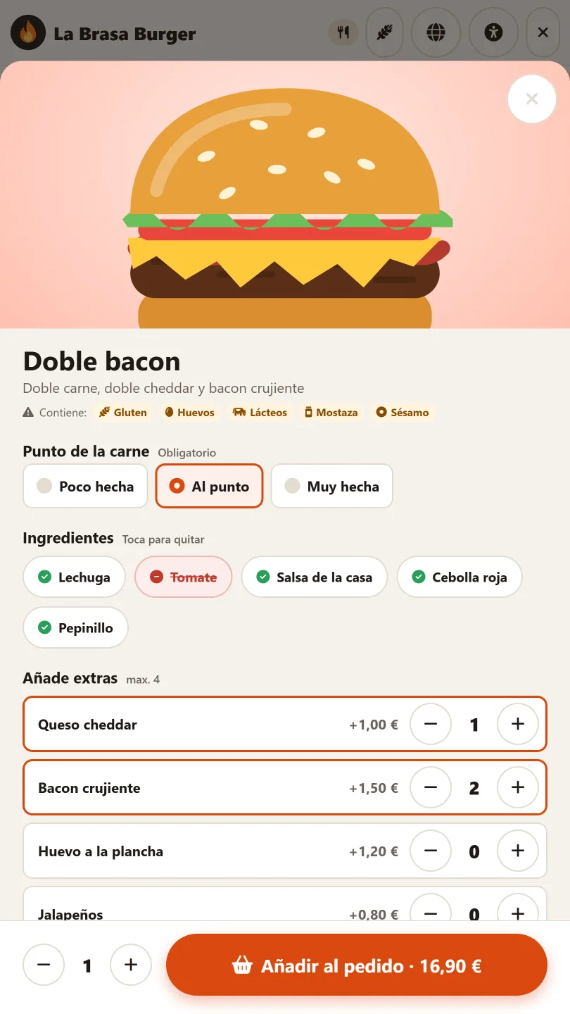 Personalizar una hamburguesa en el kiosko: quitar tomate y añadir bacon y queso