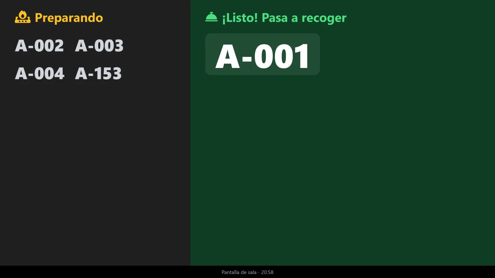 Pantalla de sala con los números de pedido en preparación y listos
