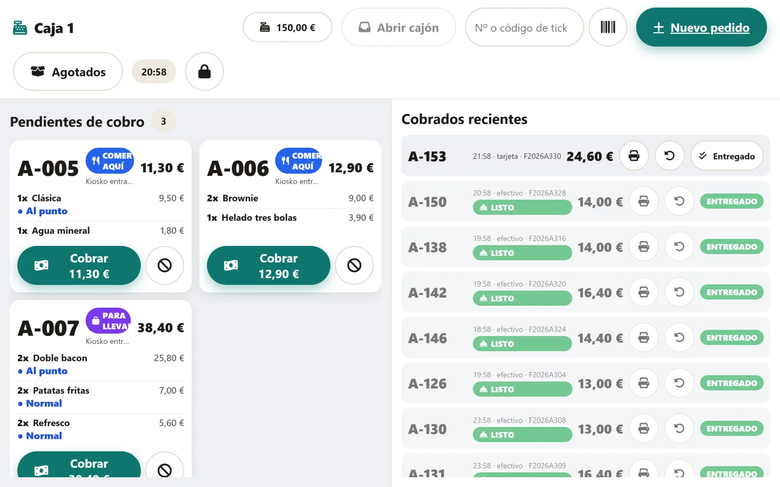 TPV de caja con los pedidos pendientes de cobro que vienen del kiosko